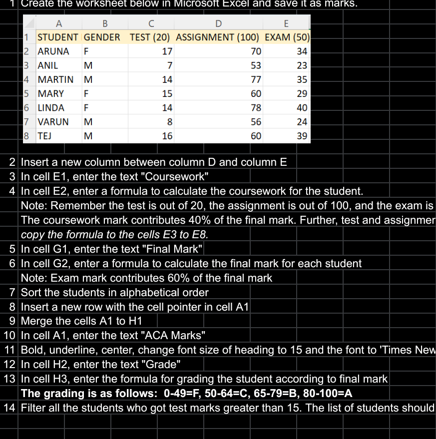 Create the worksheet below In MicrOSoft EXCel and