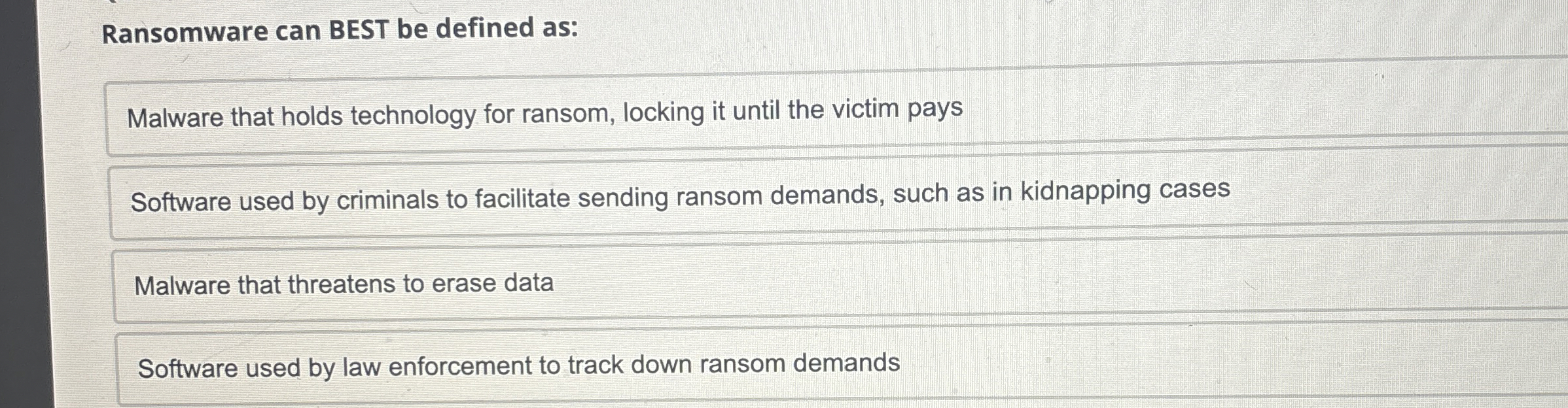 Ransomware can BEST be defined as: Malware that