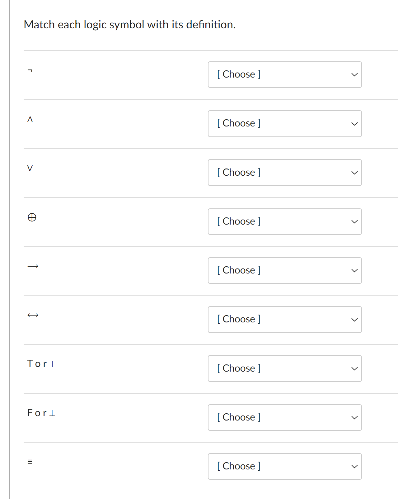 Match each logic symbol with its definition. not