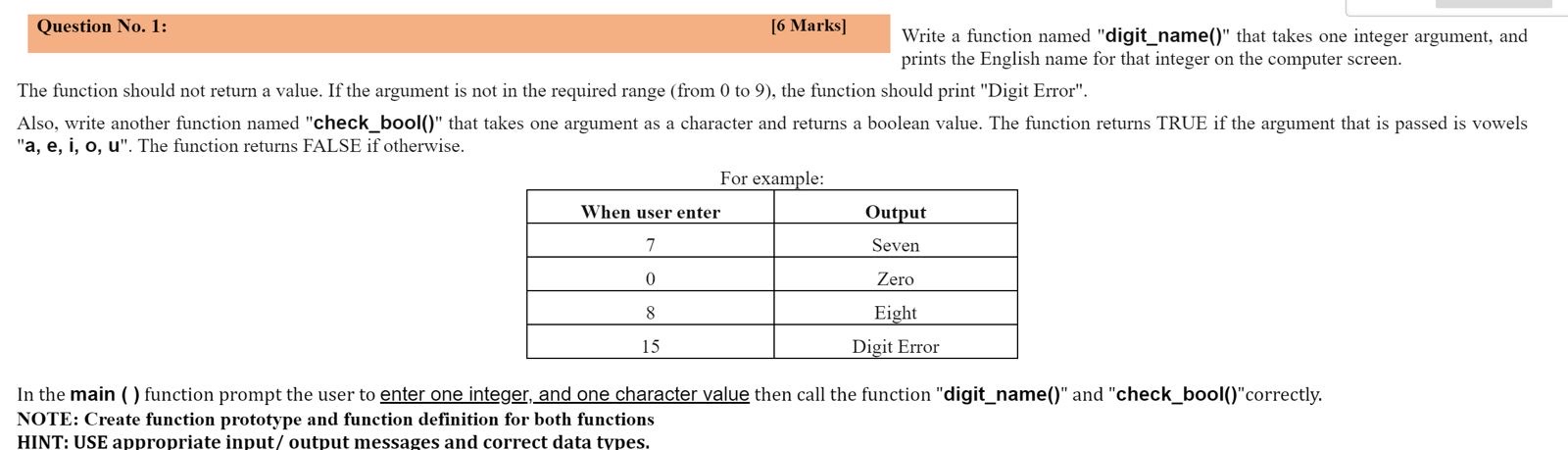 Question No . 1 : [ 6 Marks ] Write a function