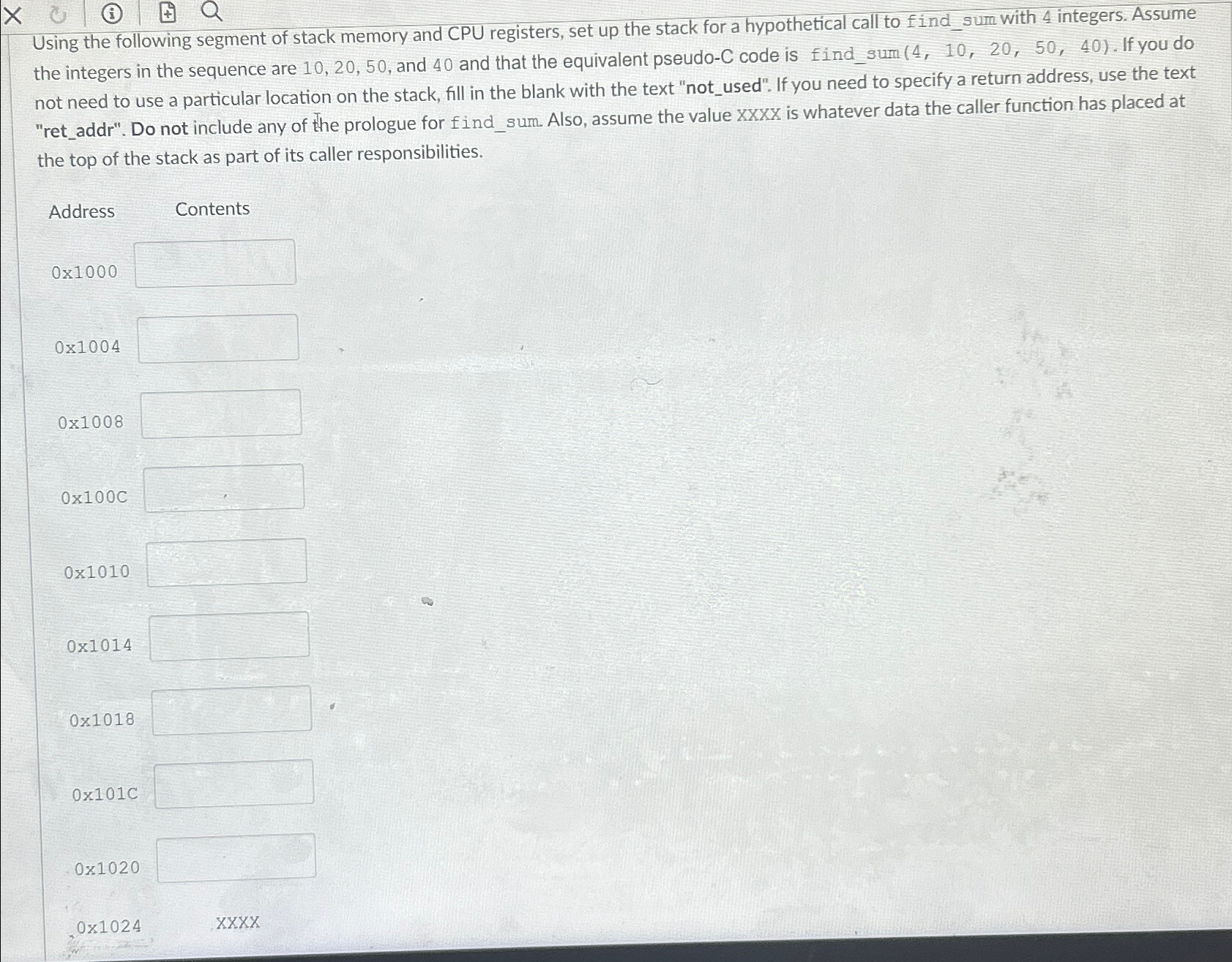 Using the following segment of stack memory and