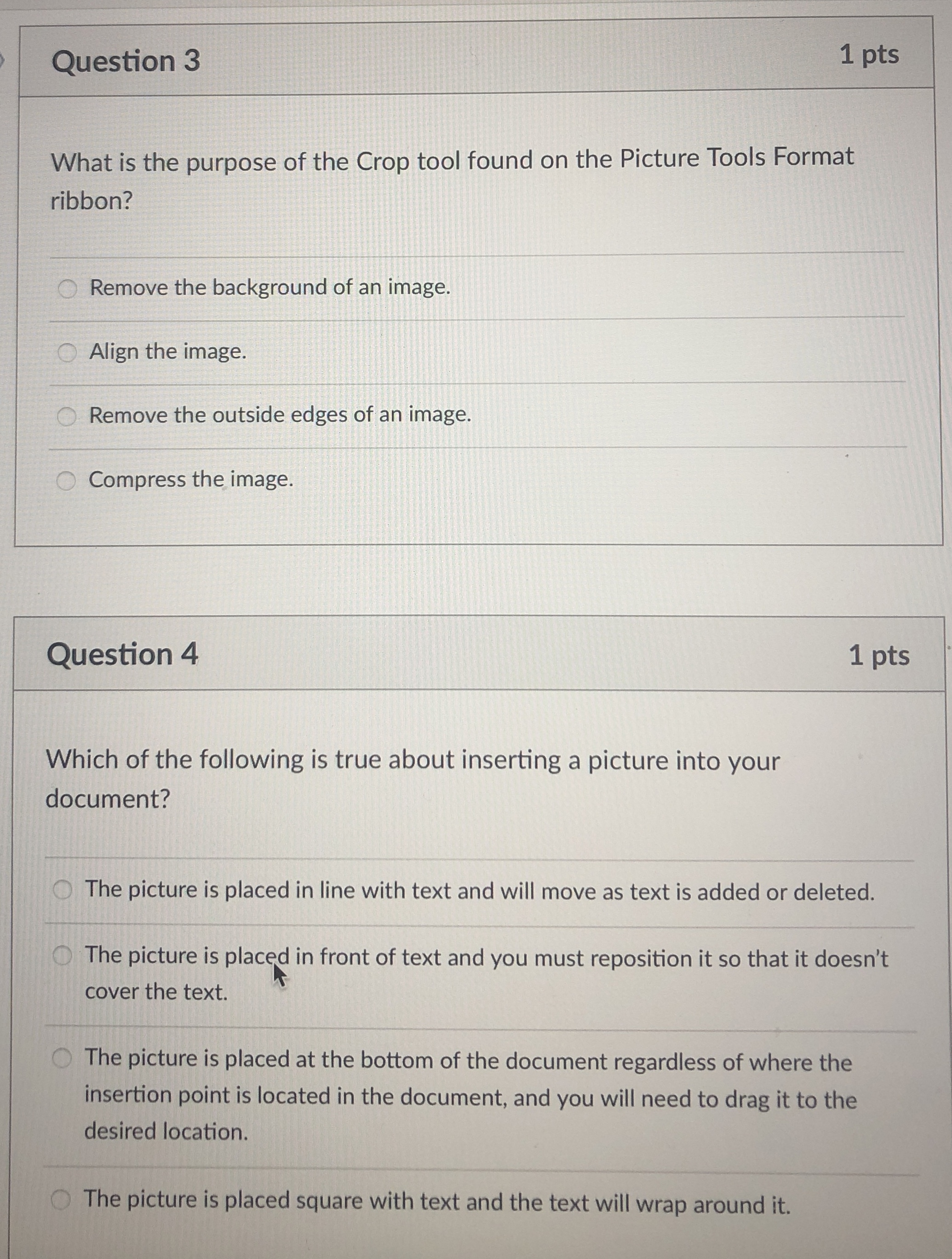 Question 3 1 pts What is the purpose of the Crop