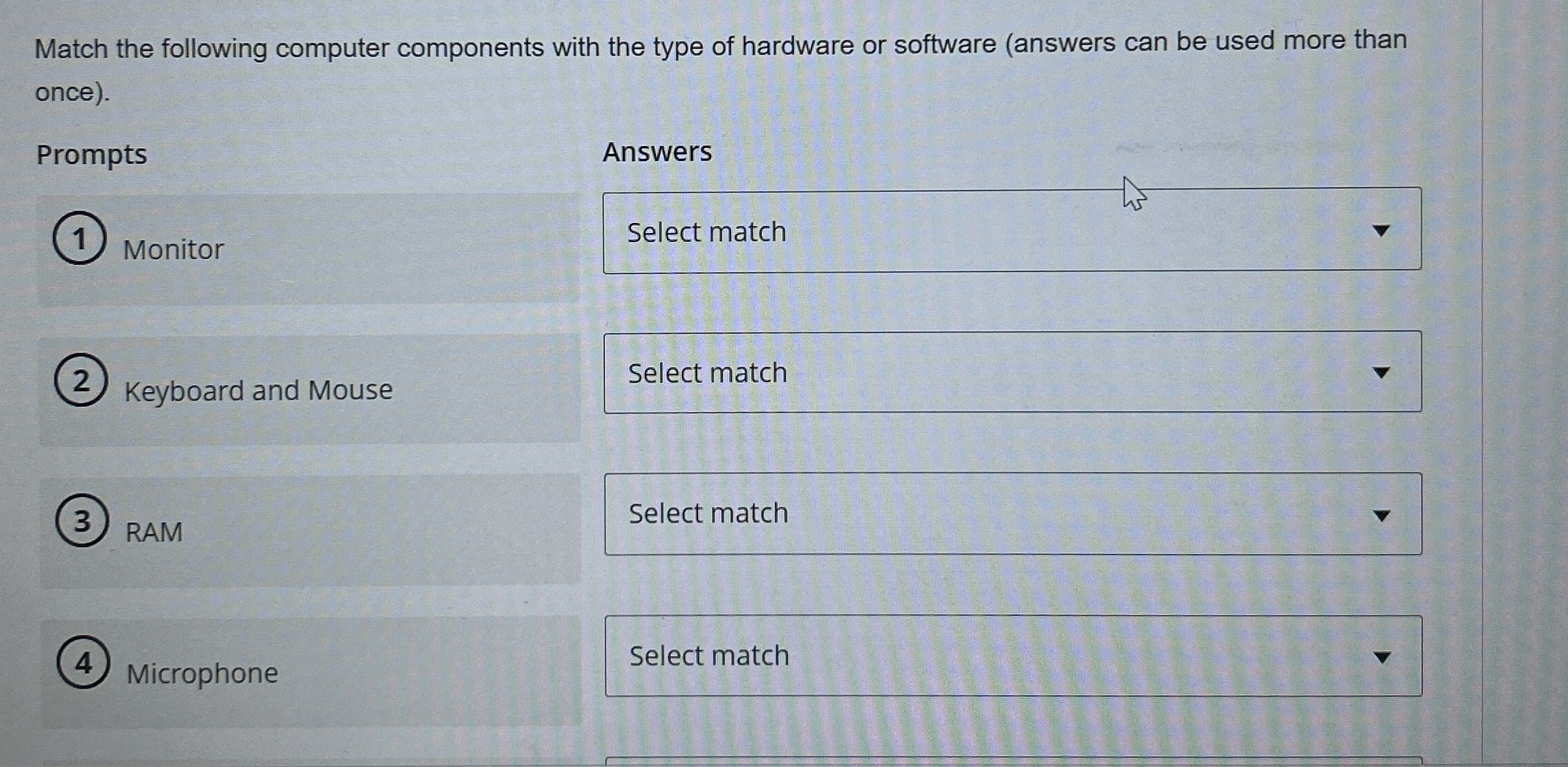Match the following computer components with the