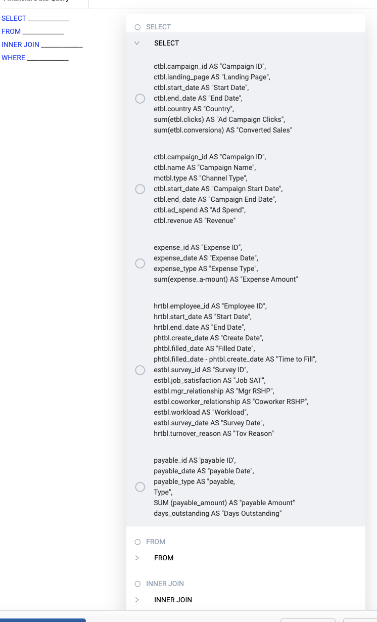 SELECT FROM customers custbl campaigns ctbl