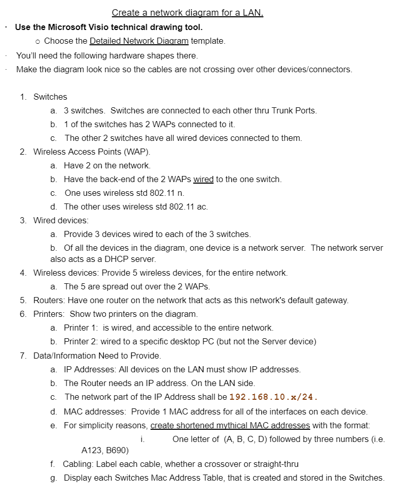 Create a network diagram for a LAN. Use the