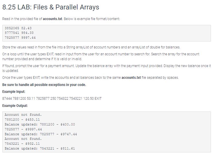 8 . 2 5 LAB: Files & Parallel Arrays ( IN JAVA )