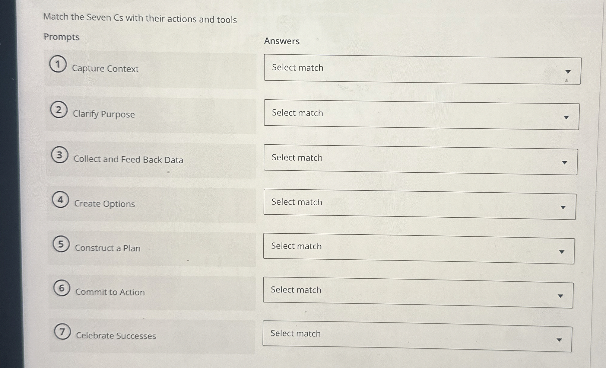 Match the Seven Cs with their actions and tools