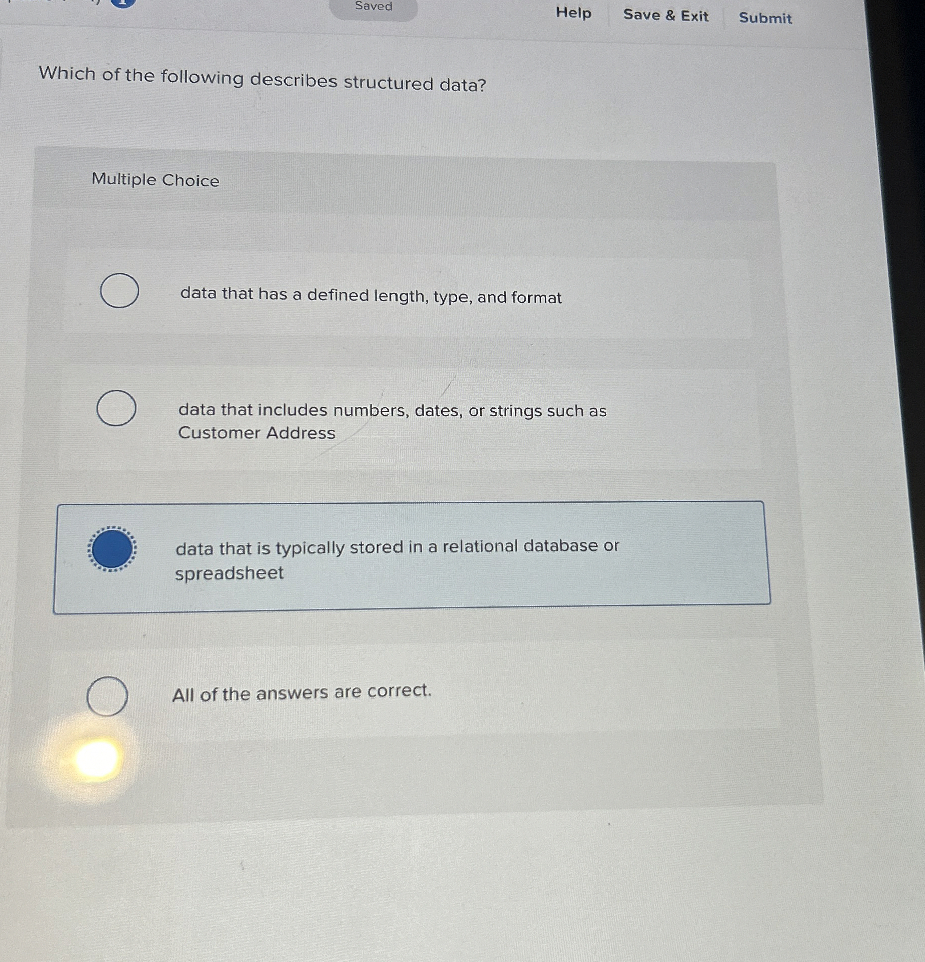 Help Save & Exit Submit Which of the following