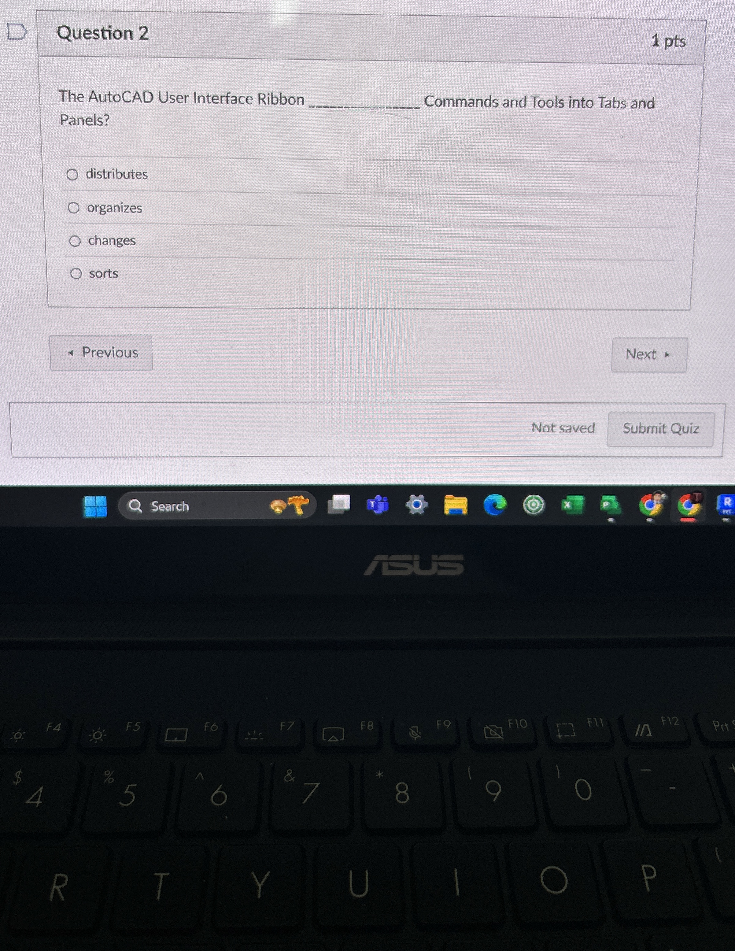 Question 2 1 pts The AutoCAD User Interface