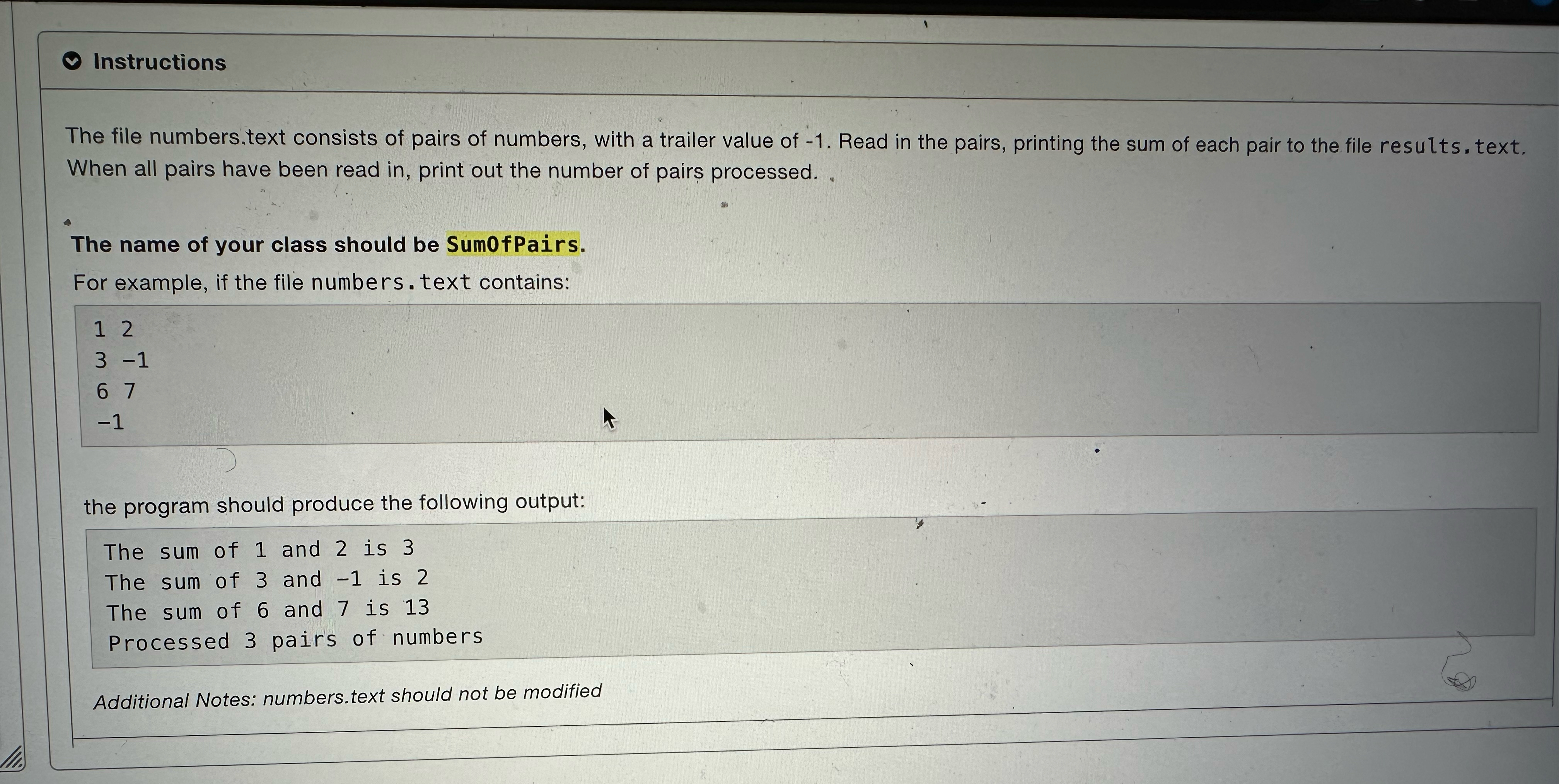 Instructions The file numbers.text consists of
