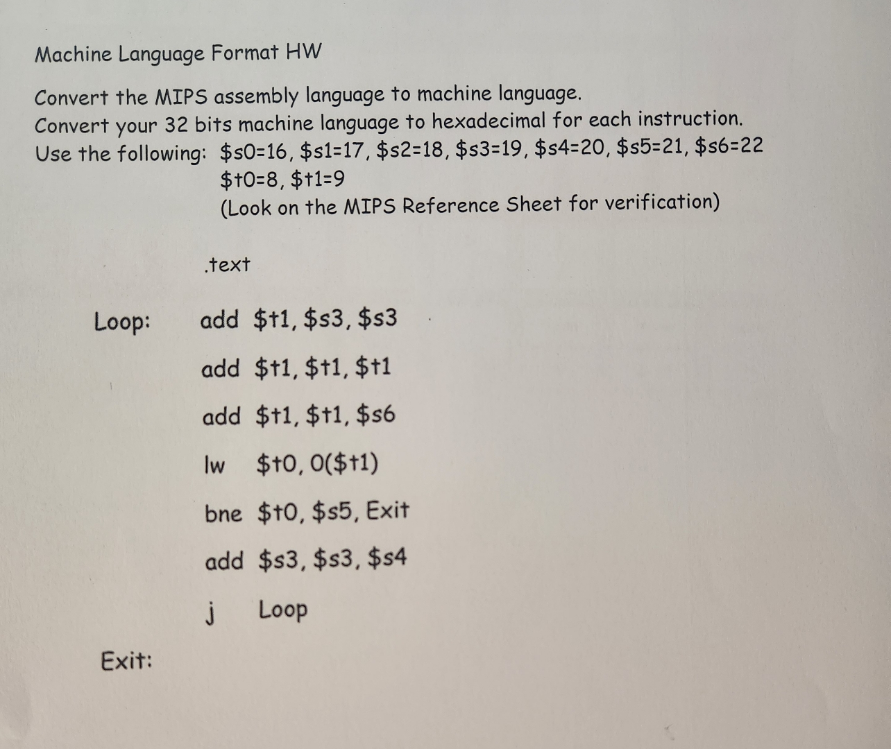 Machine Language Format HW Convert the MIPS