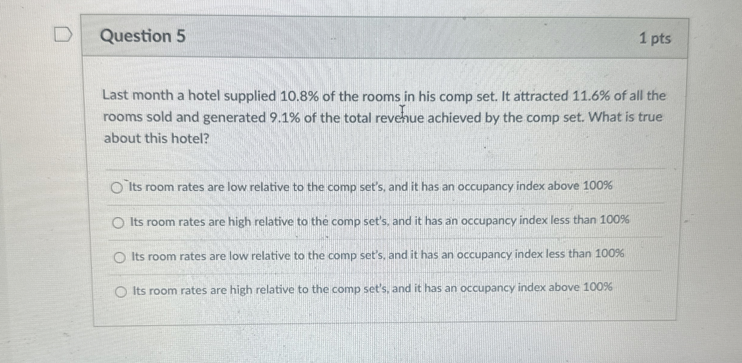 Question 5 1 pts Last month a hotel supplied 1 0