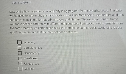 Jump to level 1 Data on traffic congestion in a