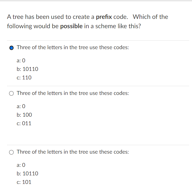 A tree has been used to create a prefix code.