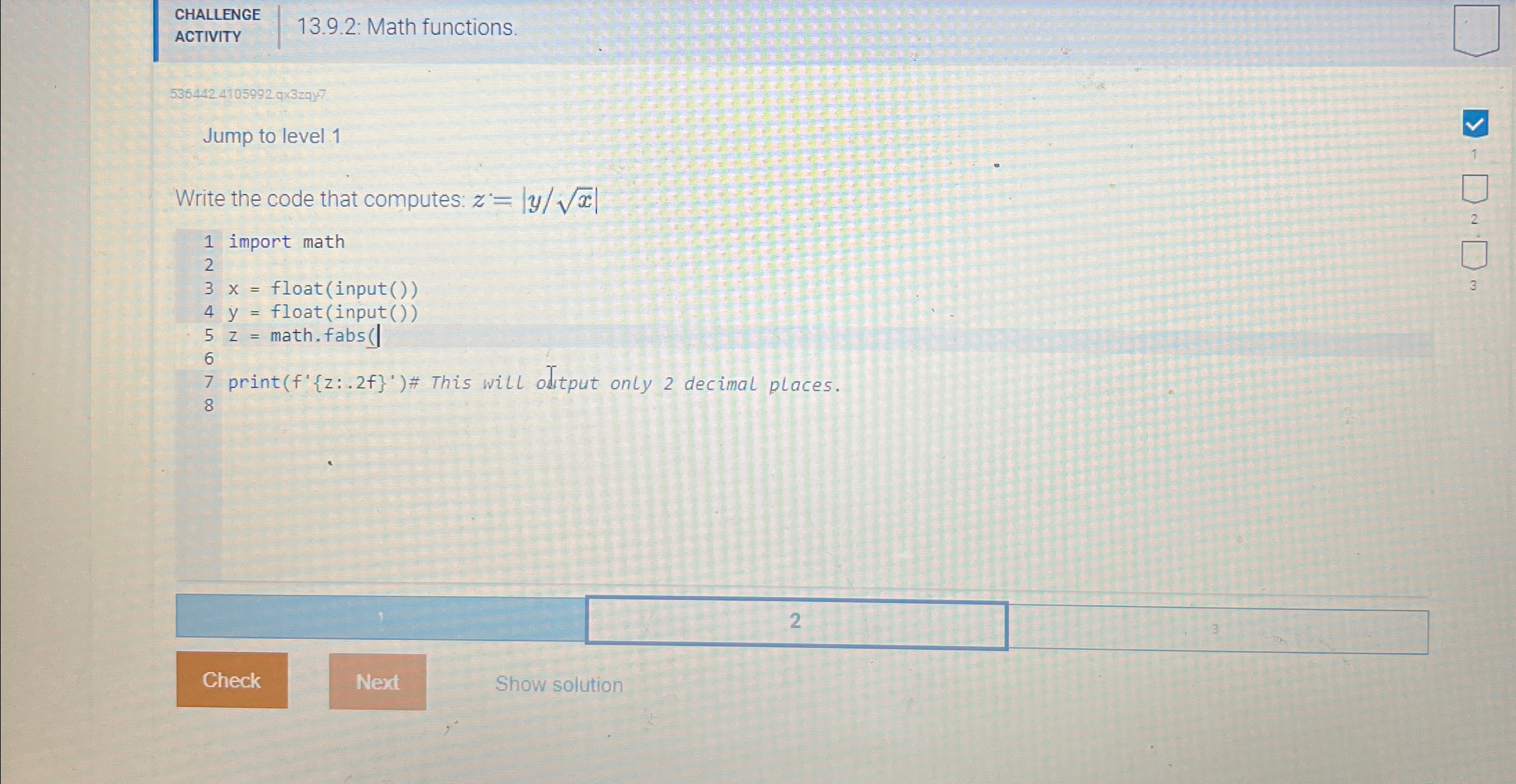 CHALLENGE ACTIVITY 1 3 . 9 . 2 : Math functions.
