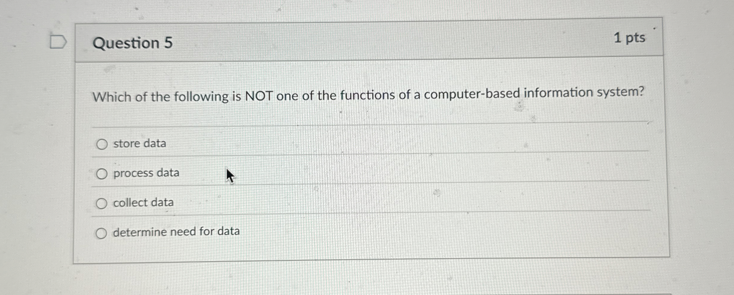 Question 5 1 pts Which of the following is NOT