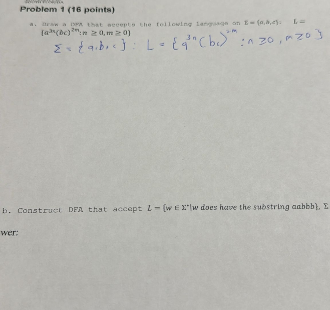 Problem 1 ( 1 6 points ) a . Draw a DFA that