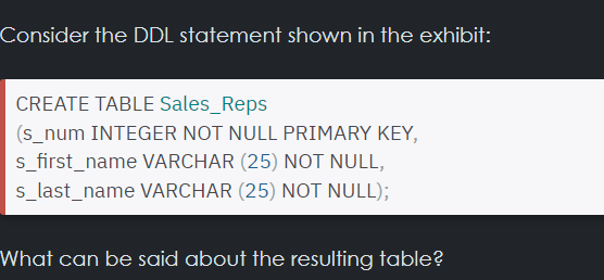 Consider the DDL statement shown in the exhibit: