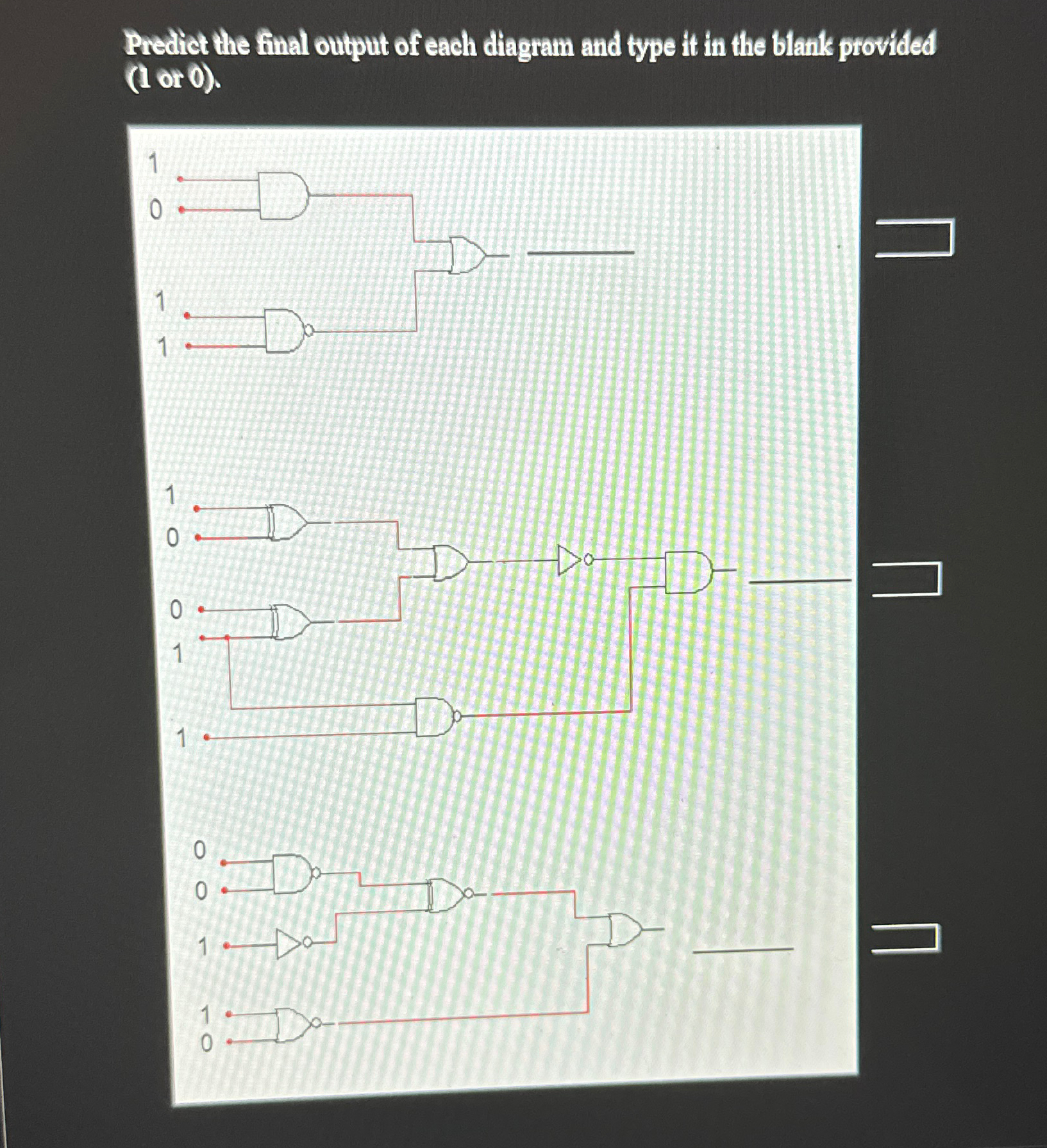 Predict the final output of each diagram and type