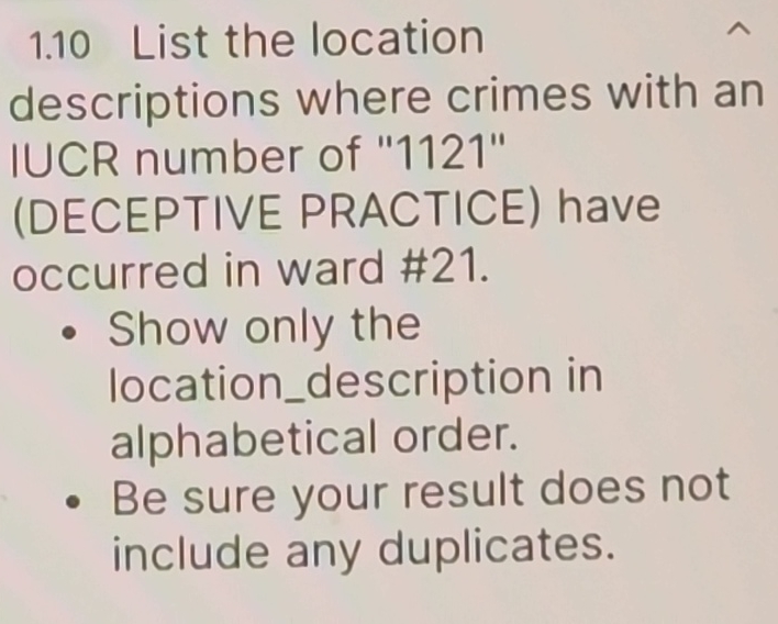 1 . 1 0 List the location descriptions where
