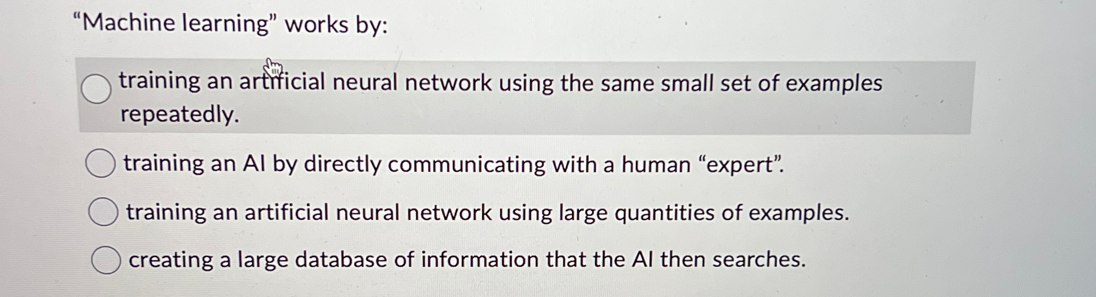 "Machine learning" works by: training an