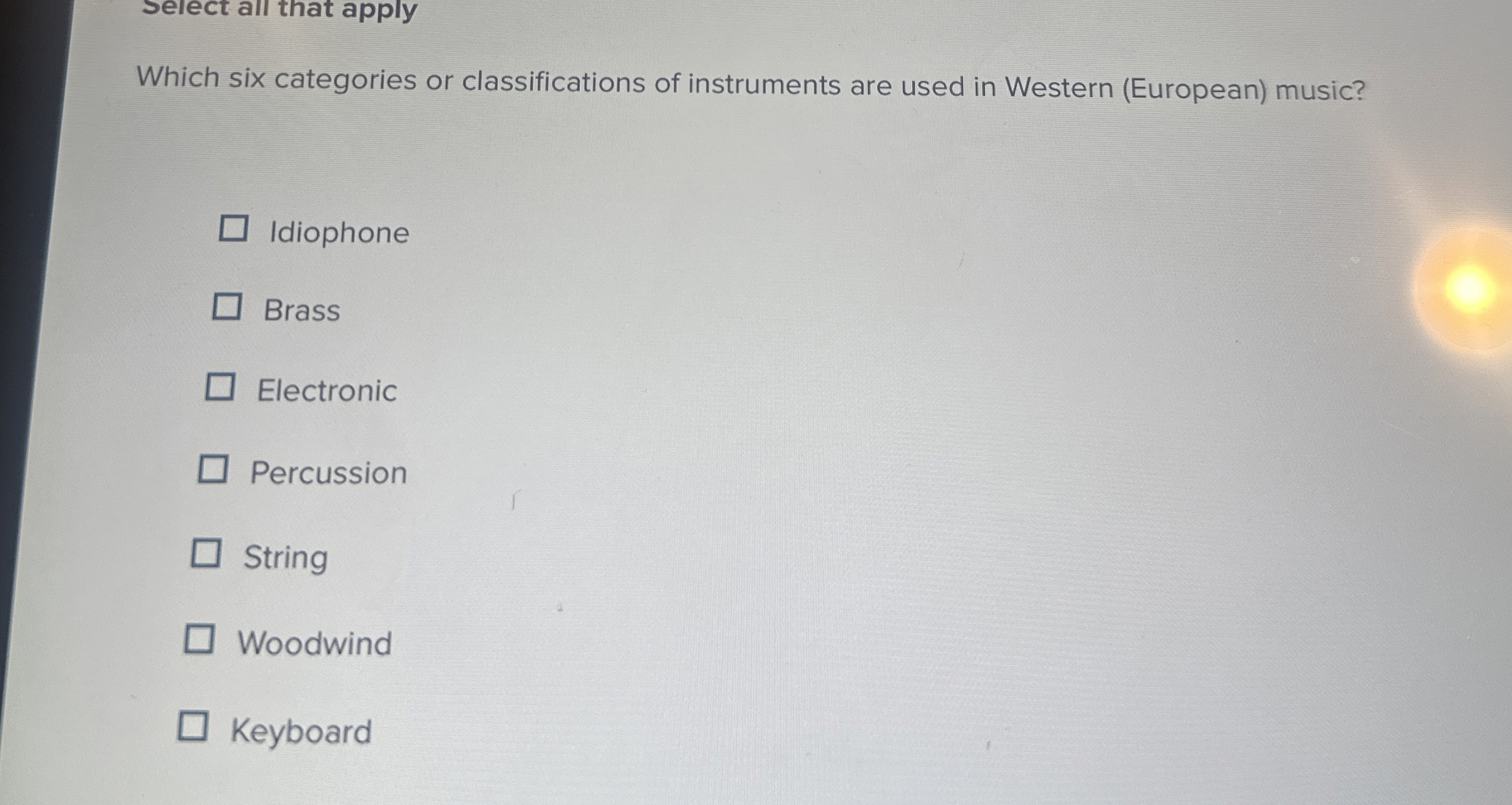 Select all that apply Which six categories or