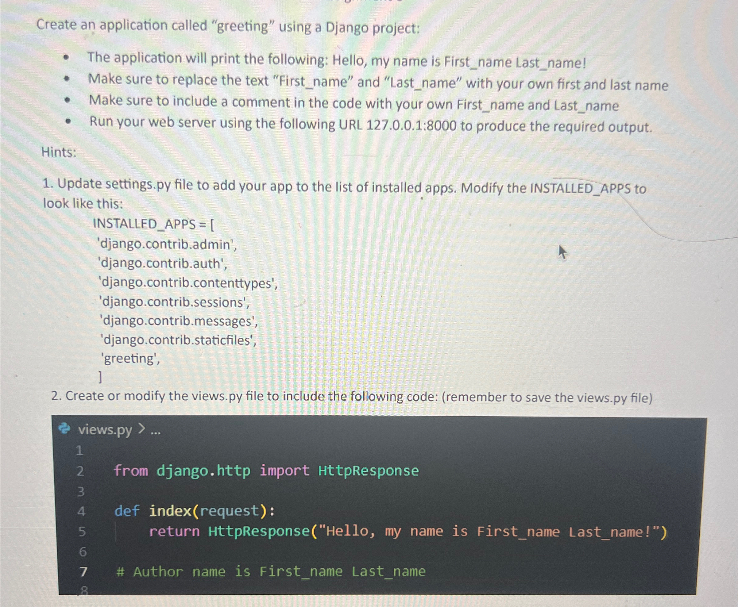 Create an application called "greeting" using a