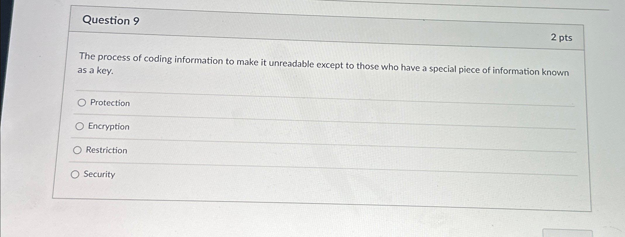 Question 9 2 pts The process of coding