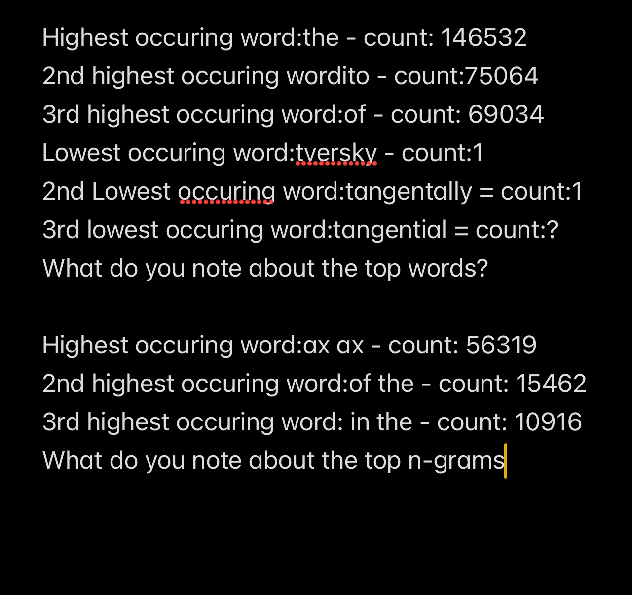 Highest occuring word:the - count: 1 4 6 5 3 2 2