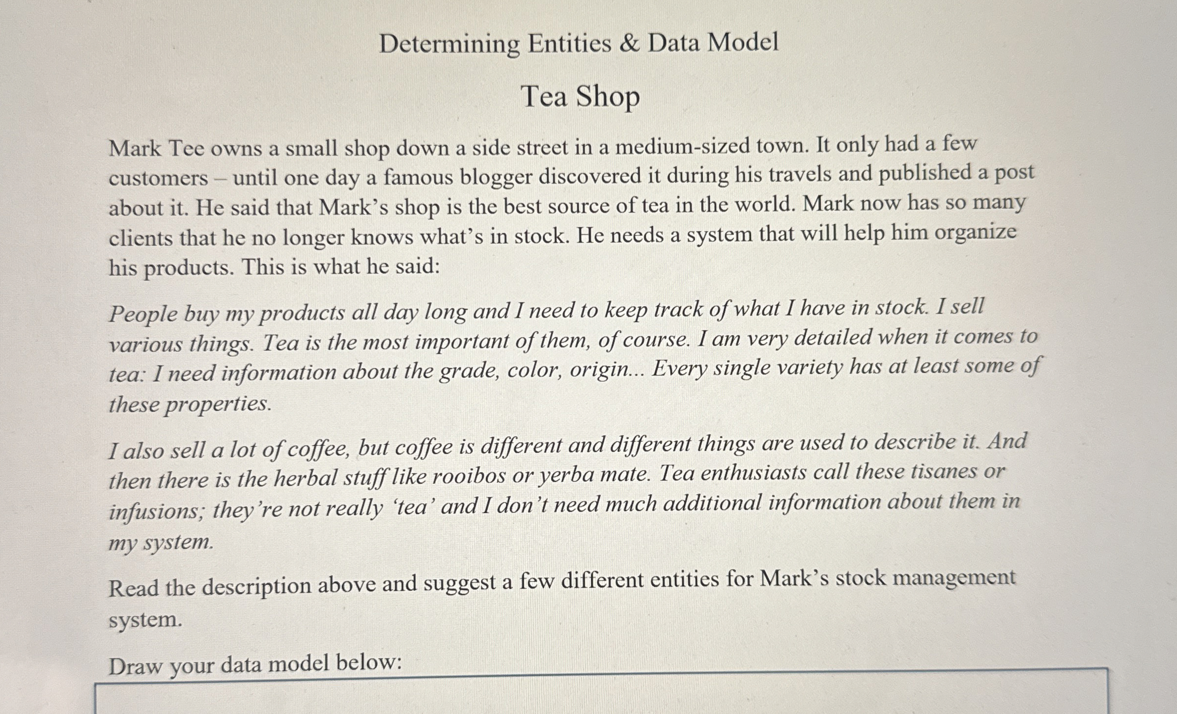 Determining Entities & Data Model Tea Shop Mark