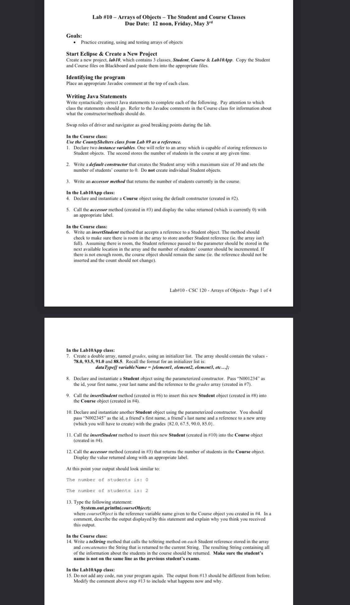 Lab # 1 0 - Arrays of Objects - The Student and