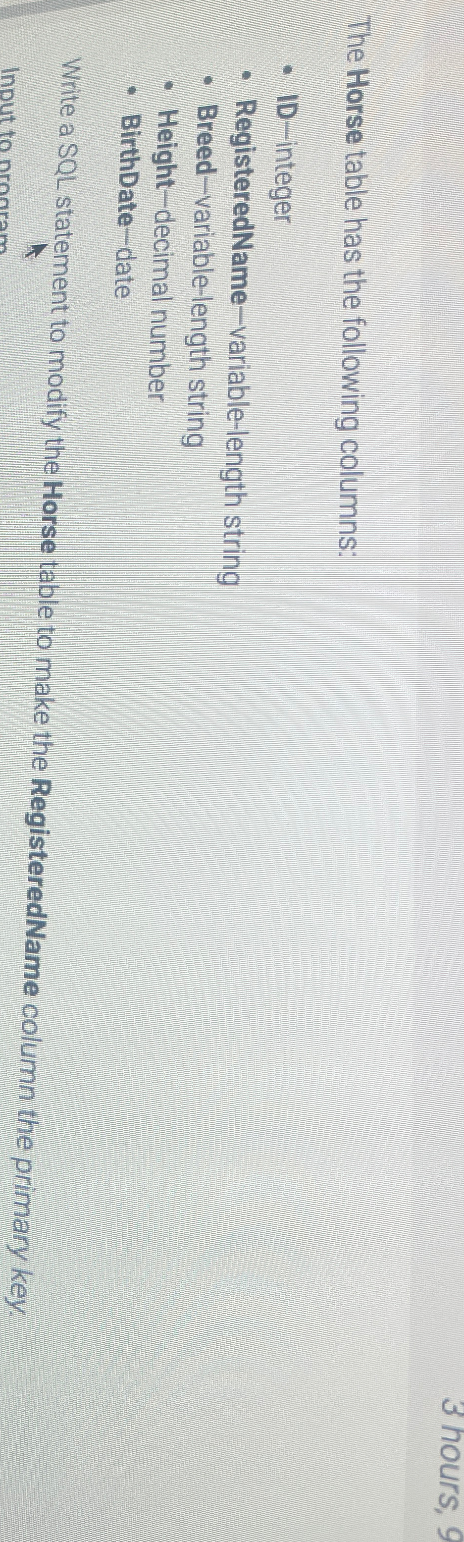 The Horse table has the following columns: 1 D -