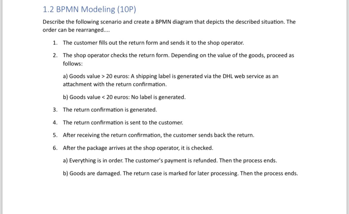 1 . 2 BPMN Modeling ( 1 0 P ) Describe the
