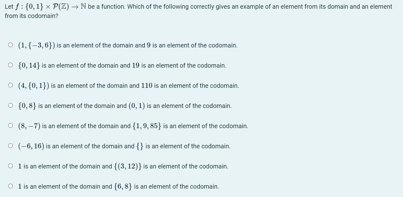 Let f : { 0 , 1 } P ( Z ) N be a function. Which