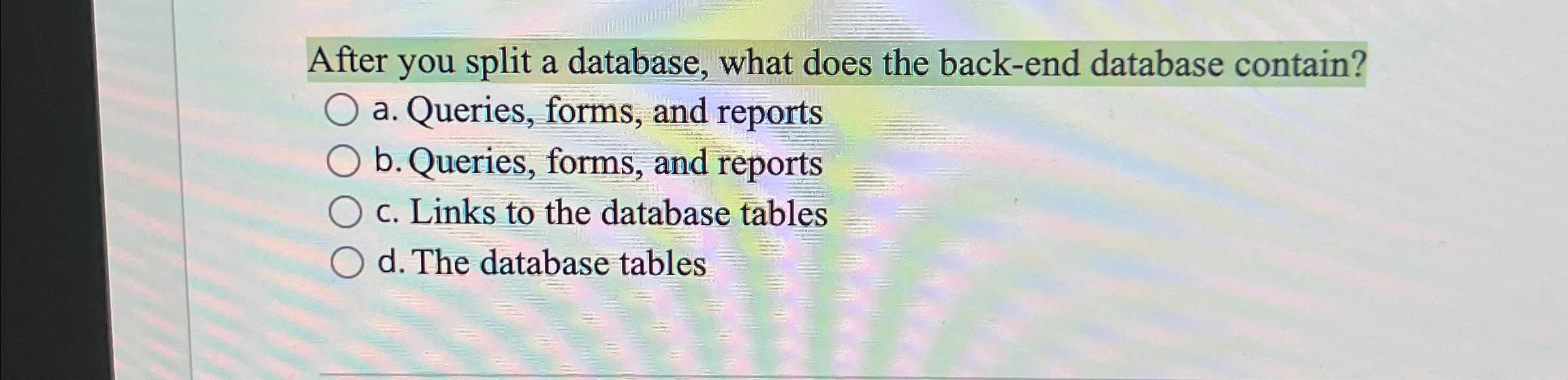 After you split a database, what does the back -