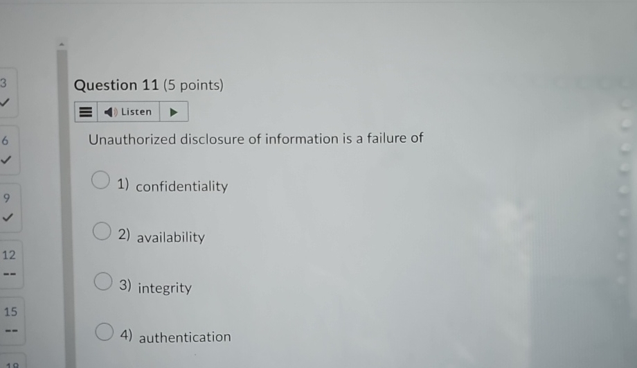 Question 1 1 ( 5 points ) Unauthorized disclosure