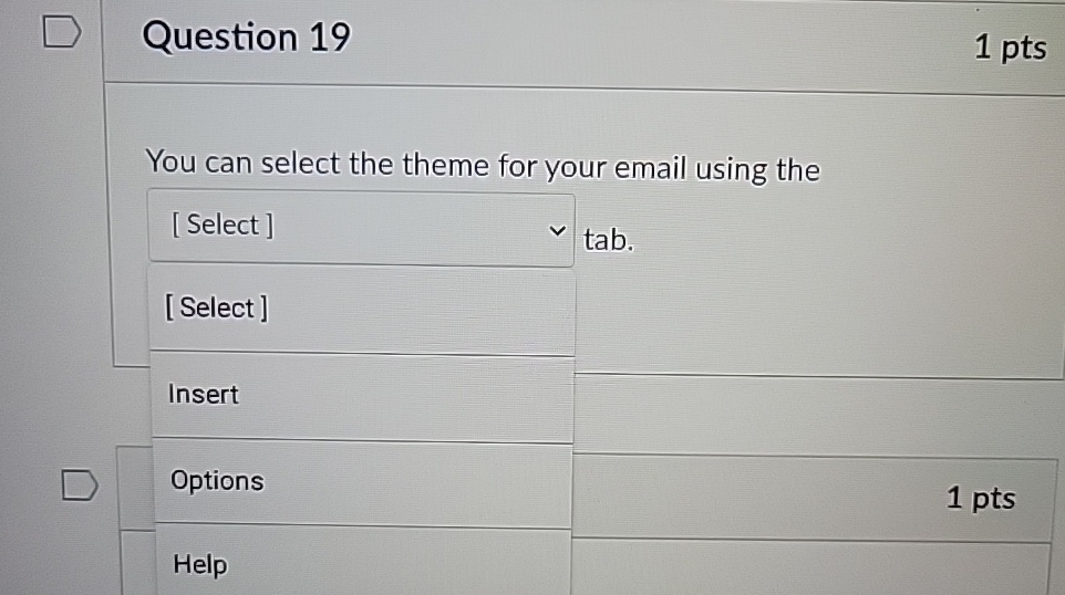 Question 1 9 1 p t s You can select the theme for