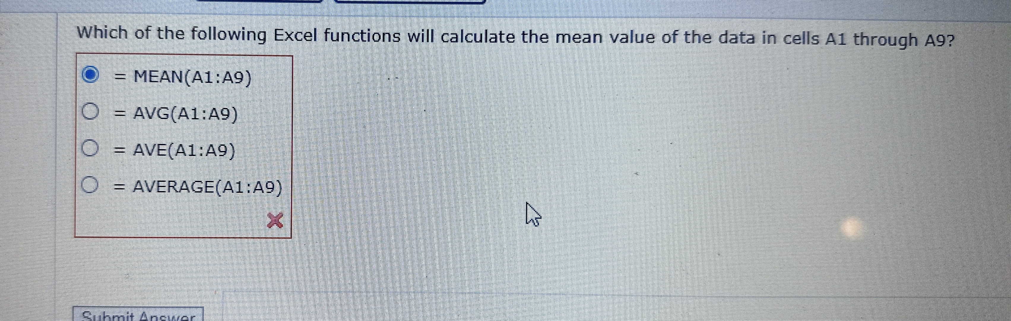 Which of the following Excel functions will