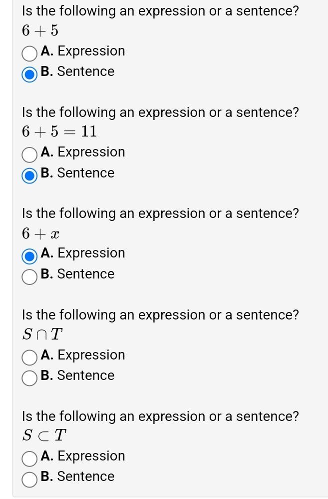 Is the following an expression or a sentence? 6 +