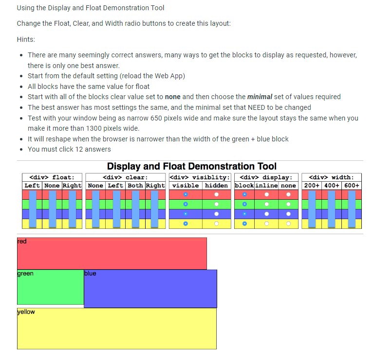 Change the Float, Clear, and Width radio buttons