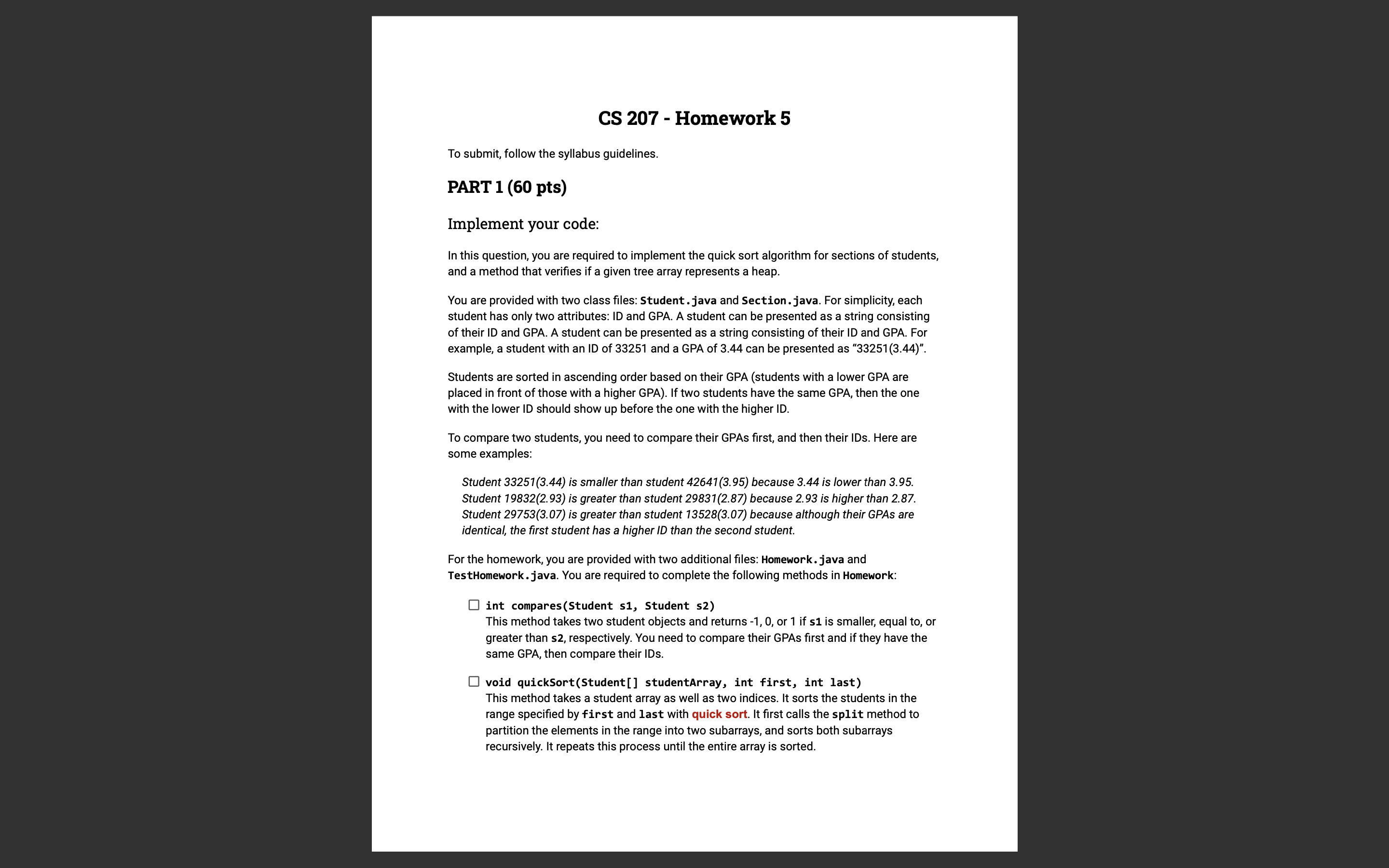 / / The Homework 6 class that implements sorting