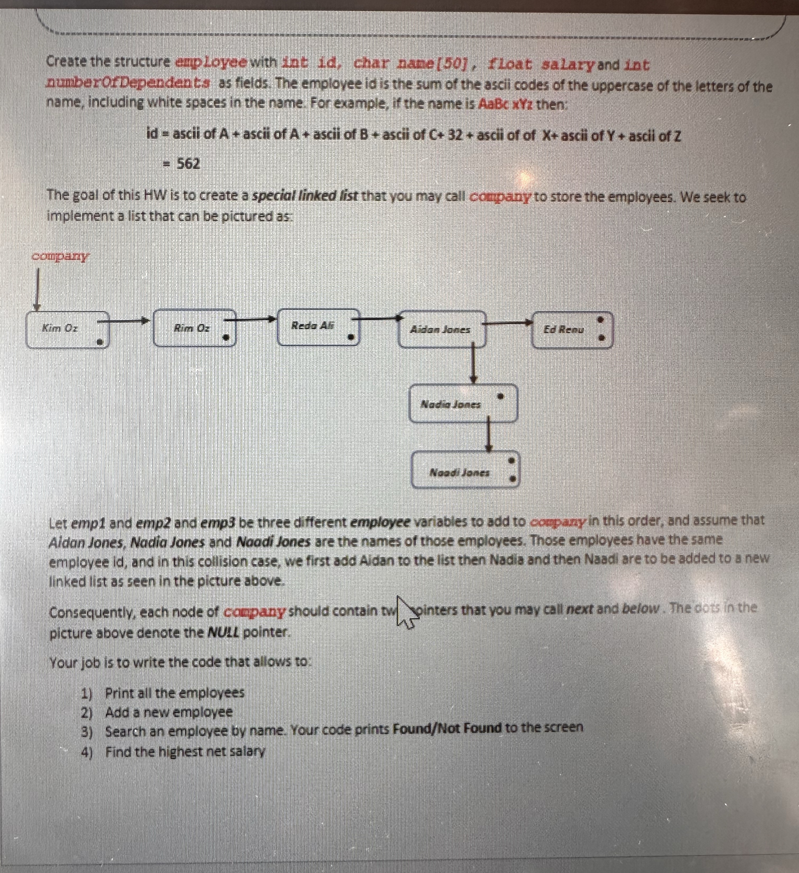 Create the structure employee with int Id , char