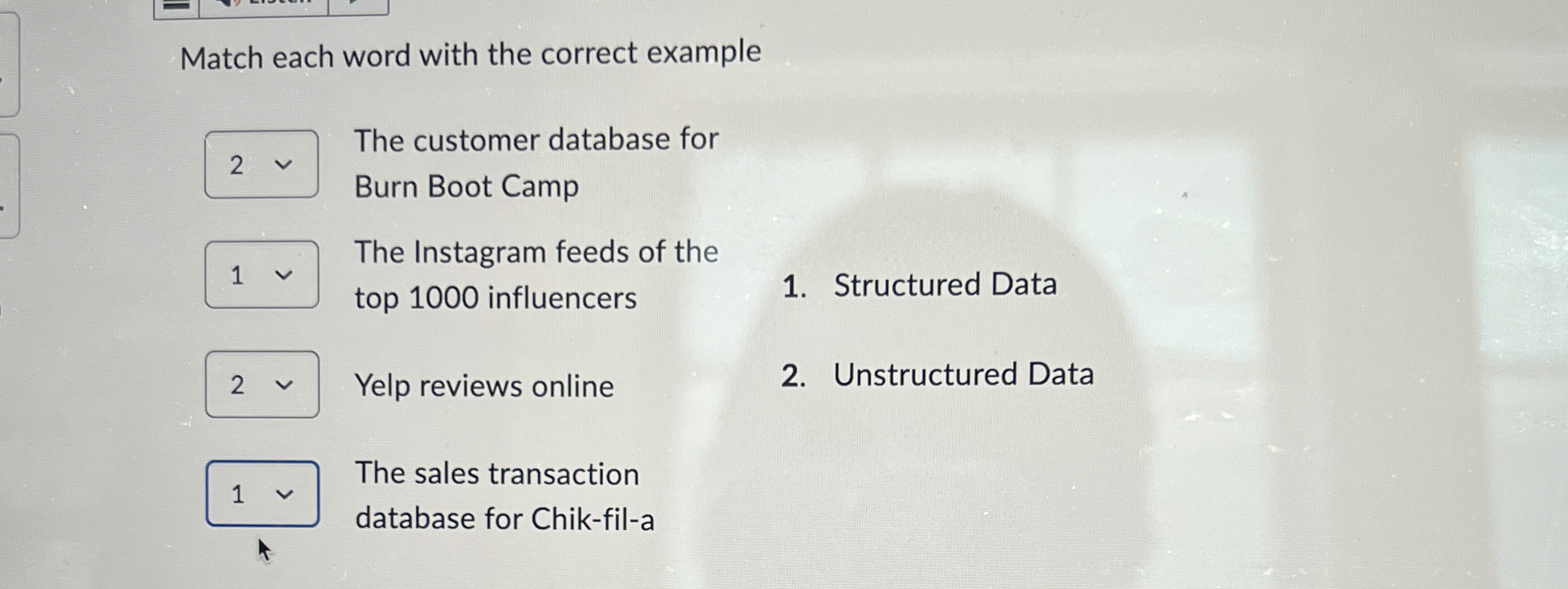 Match each word with the correct example The