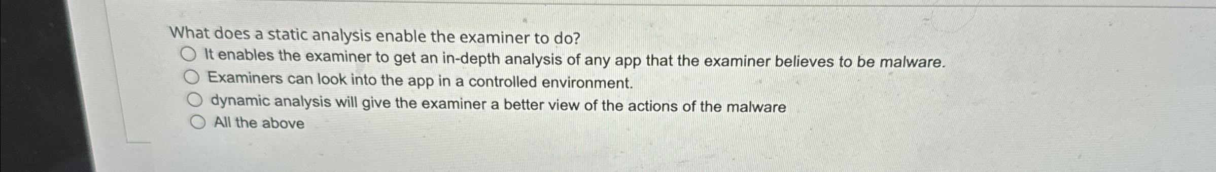 What does a static analysis enable the examiner