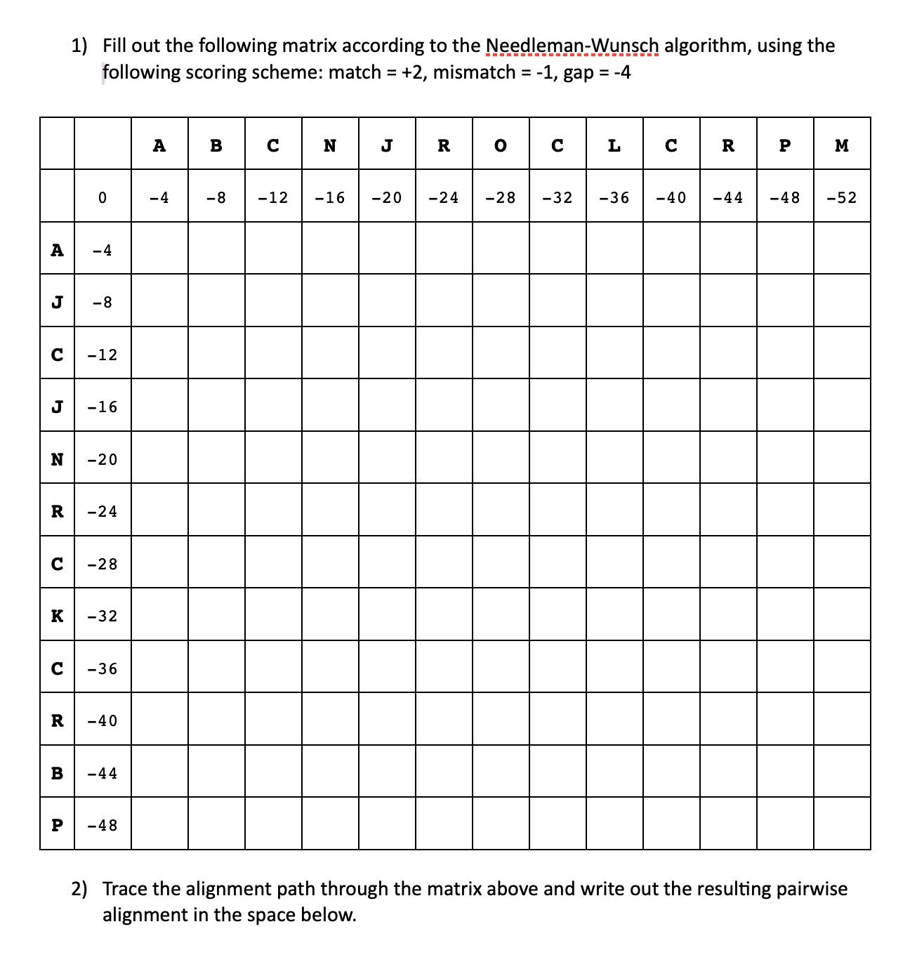 Fill out the following matrix according to the