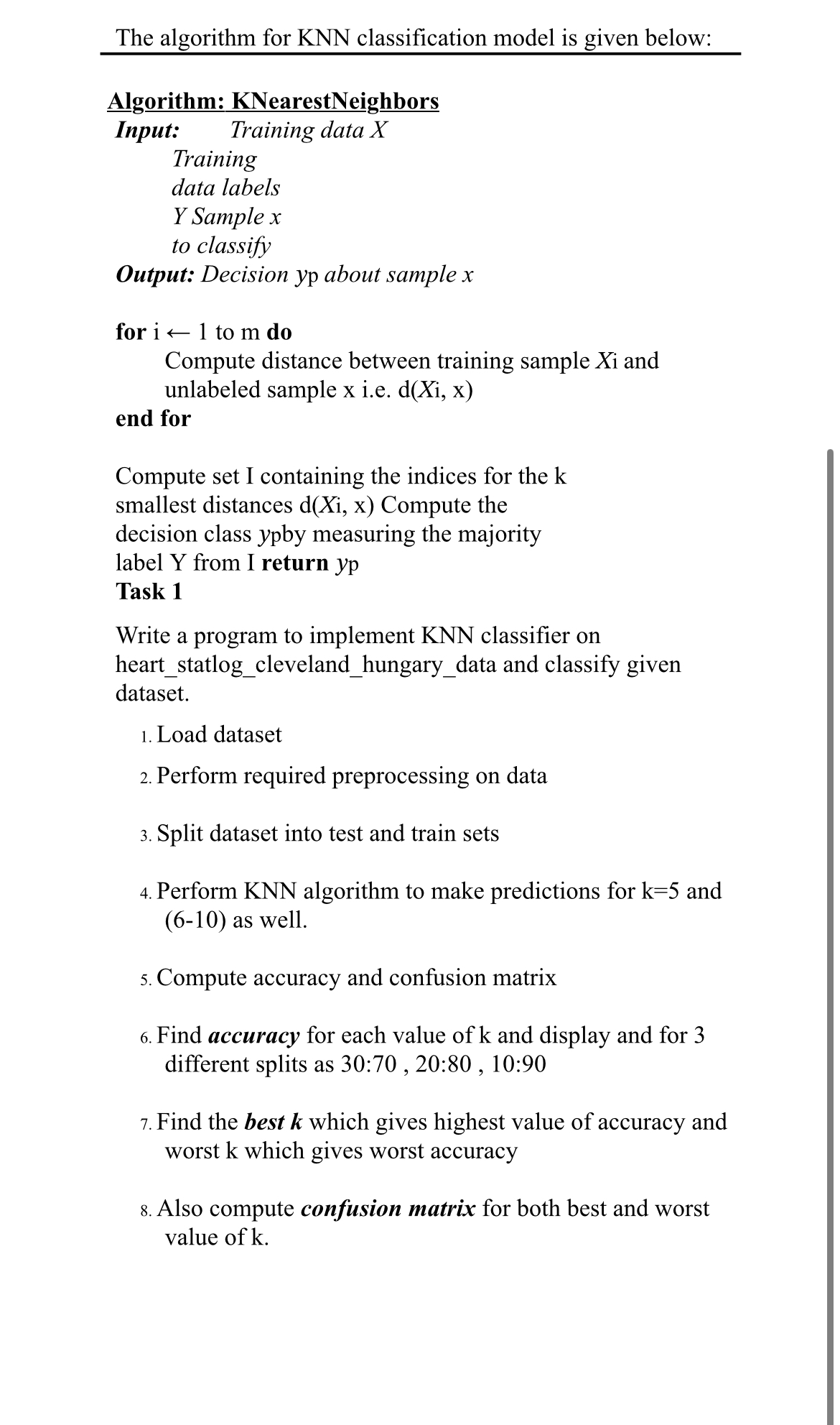 The algorithm for KNN classification model is