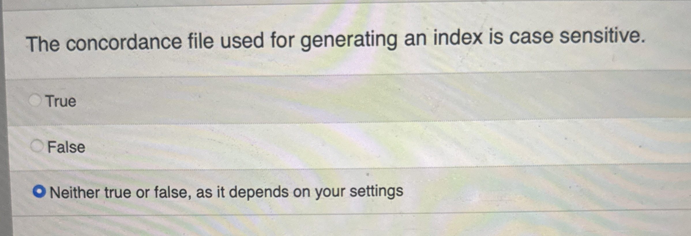 The concordance file used for generating an index