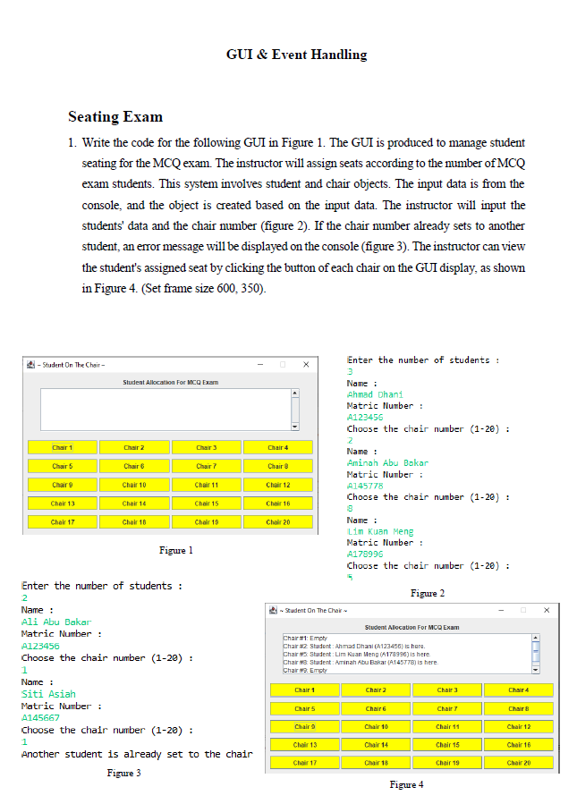 Seating Exam Write the code for the following GUI