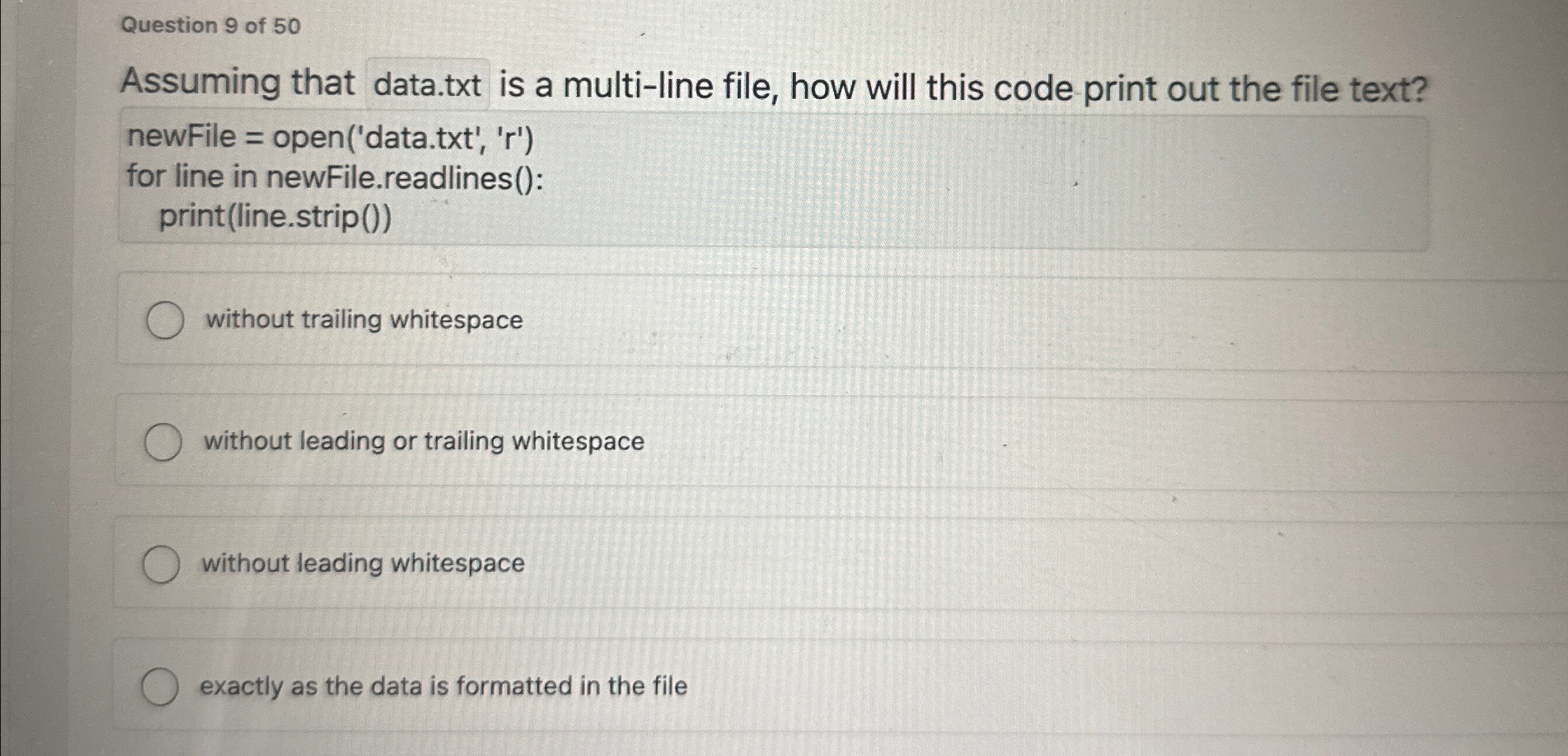 Question 9 of 5 0 Assuming that data.txt is a