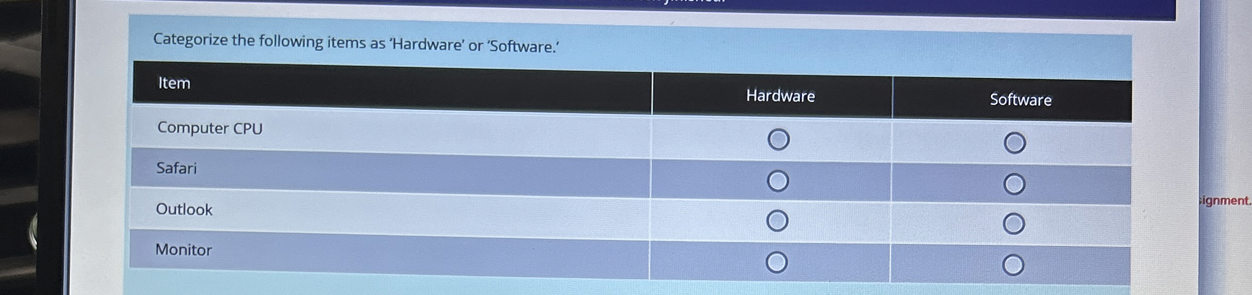 Categorize the following items as 'Hardware' or